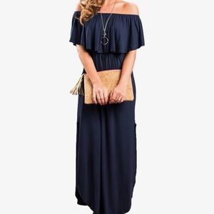 Chic Off-Shoulder Navy Maxi Dress